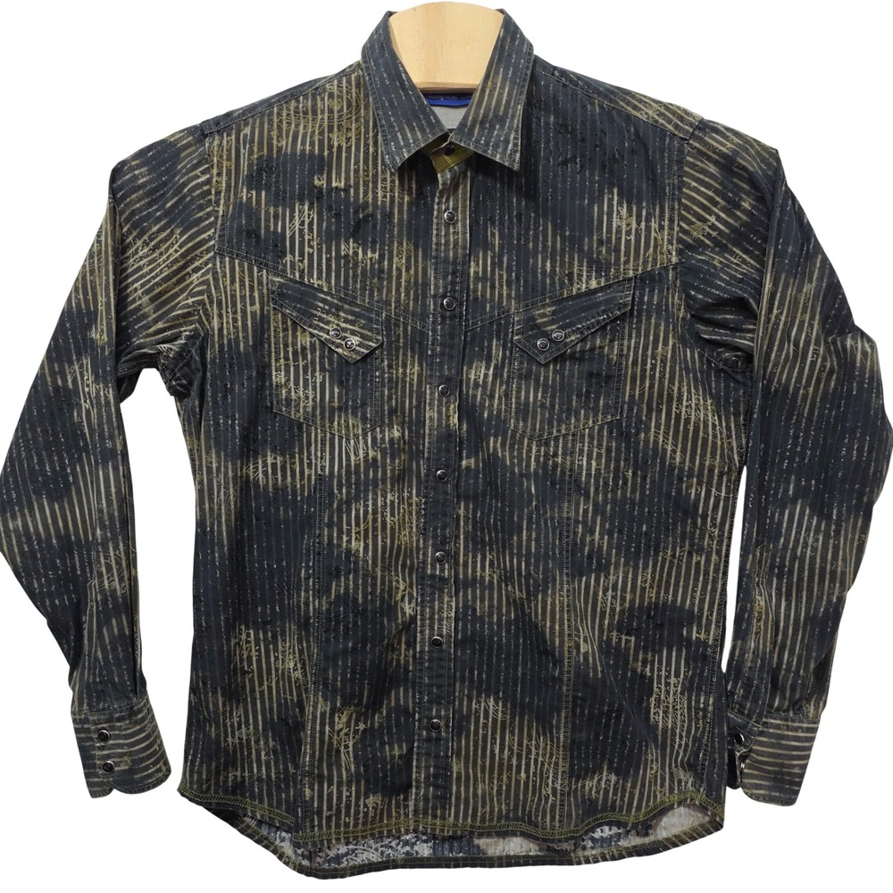 Georg Roth Los Angeles Mens Large Western Snap Pinstripe Distressed Shirt Black